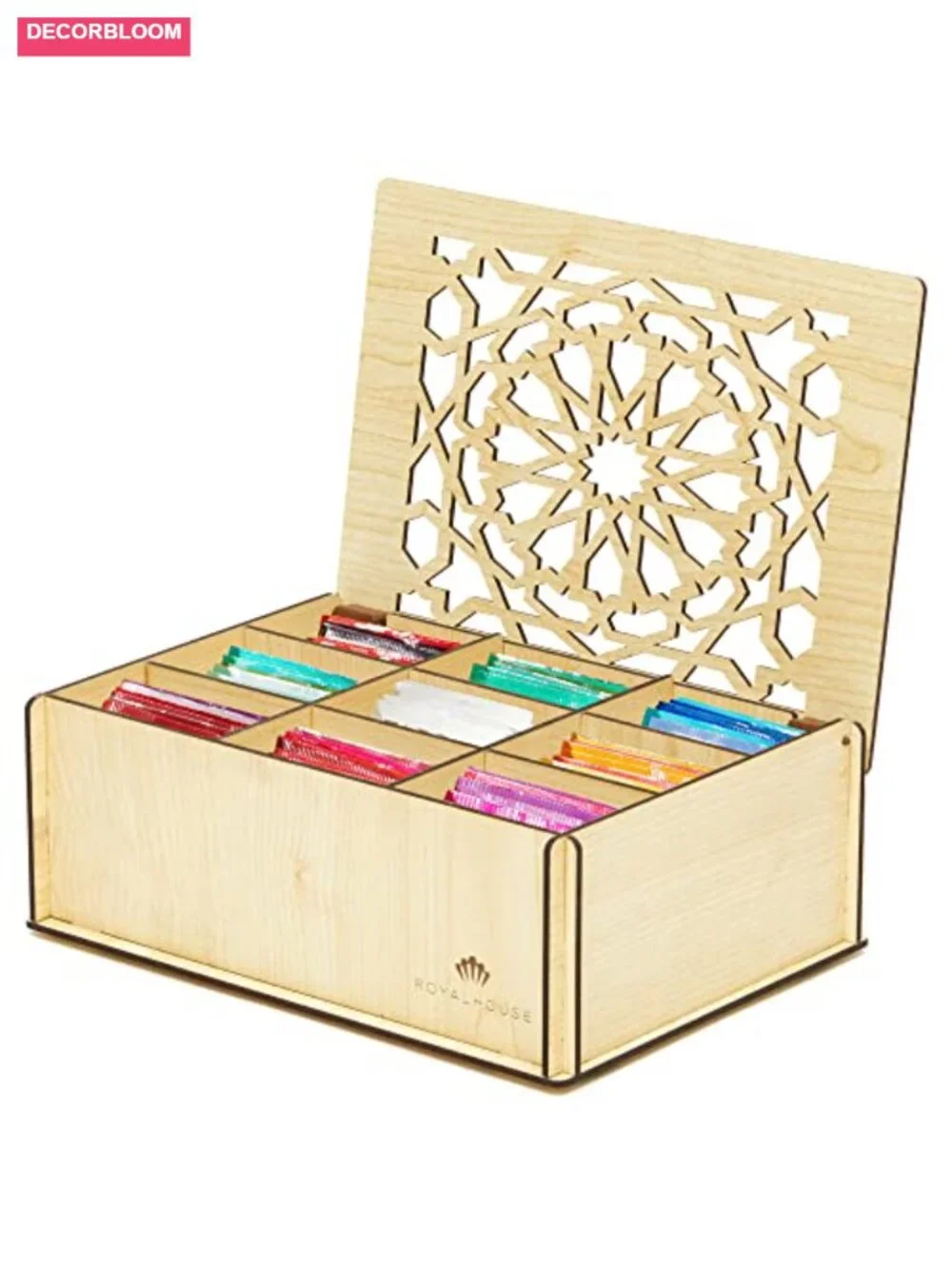 Wood Tea Bag Storage Box Organizer with 9 Compartments
